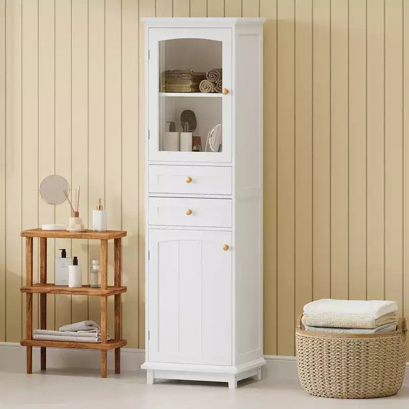 Meuble de Rangement Haut de Salle de Bain de 160 cm avec Portes en Verre, Deux Tiroirs et Étagères Réglables