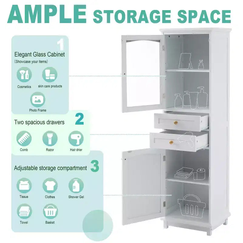 Meuble de Rangement Haut de Salle de Bain de 160 cm avec Portes en Verre, Deux Tiroirs et Étagères Réglables