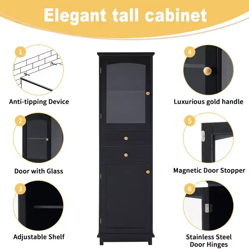 Meuble de Rangement Haut de Salle de Bain de 160 cm avec Portes en Verre, Deux Tiroirs et Étagères Réglables