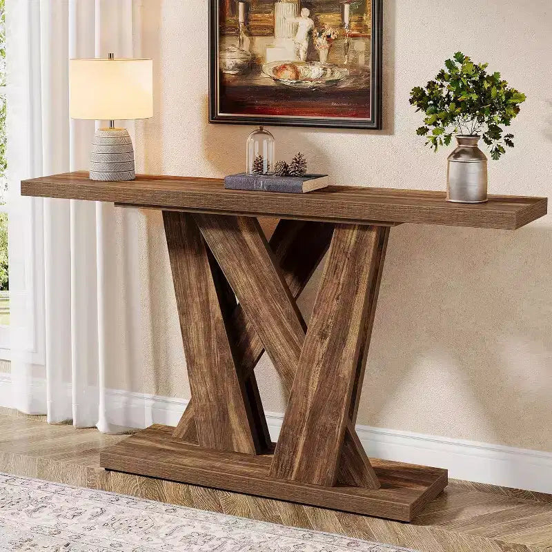 Console de ferme de 55,12 pouces, Table moderne derrière le canapé avec base géométrique, Table d'appoint étroite en bois pour entrée
