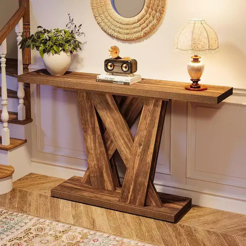 Console de ferme de 55,12 pouces, Table moderne derrière le canapé avec base géométrique, Table d'appoint étroite en bois pour entrée