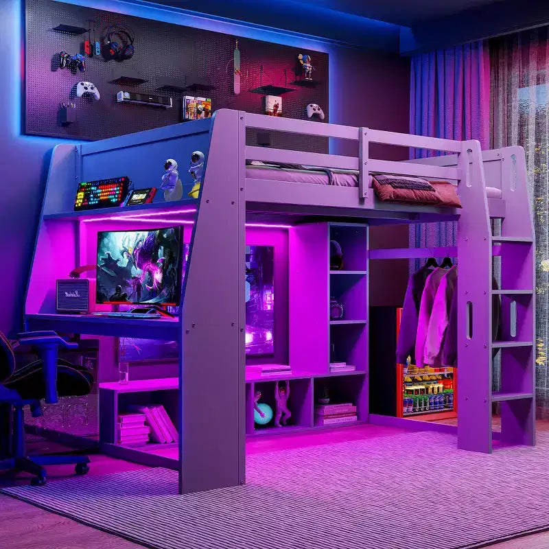 Lit mezzanine gaming double en bois avec bureau, étagères de rangement multiples, LED et une tringle à vêtements