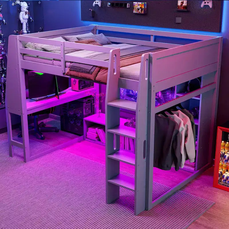 Lit mezzanine gaming double en bois avec bureau, étagères de rangement multiples, LED et une tringle à vêtements