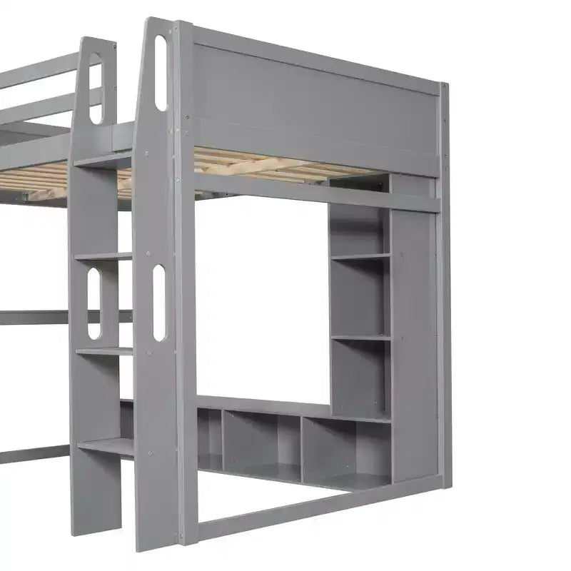 Lit mezzanine gaming double en bois avec bureau, étagères de rangement multiples, LED et une tringle à vêtements