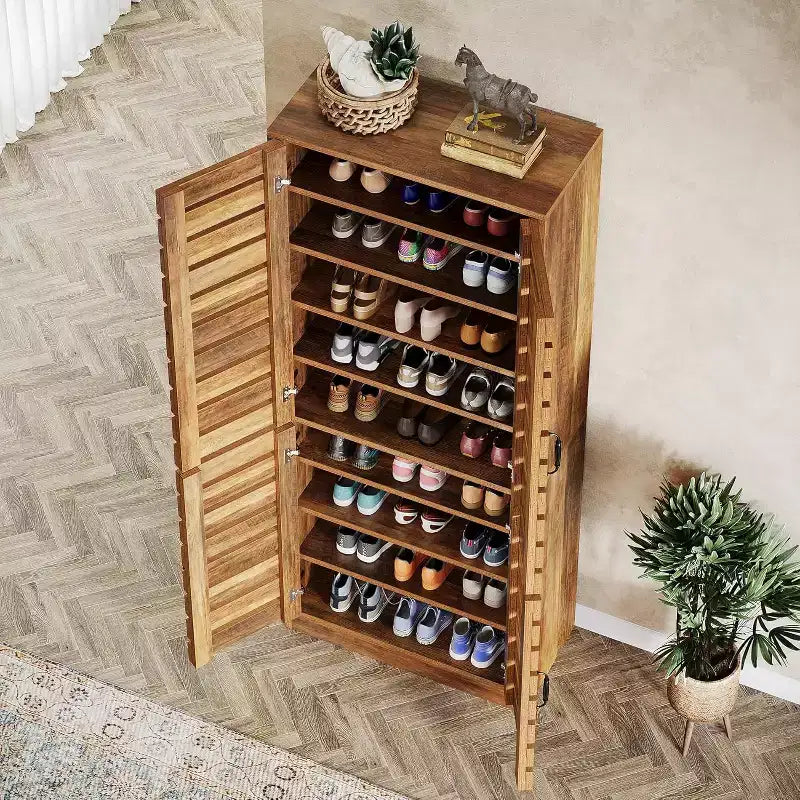Meuble à chaussures vertical de 180 cm de haut avec portes à persiennes, 9 niveaux, 27 paires