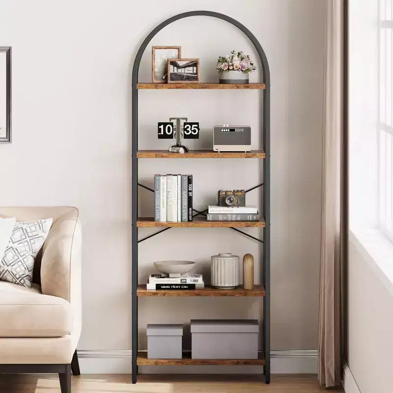 Étagère à 5 niveaux - Bibliothèque à cadre métallique arqué, étagère haute pour chambre, salon et bureau à domicile