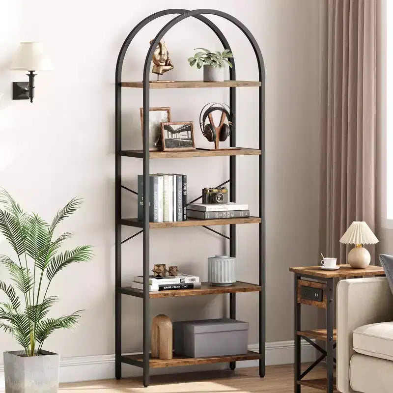 Étagère à 5 niveaux - Bibliothèque à cadre métallique arqué, étagère haute pour chambre, salon et bureau à domicile