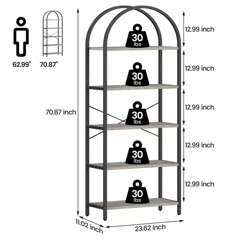 Étagère à 5 niveaux - Bibliothèque à cadre métallique arqué, étagère haute pour chambre, salon et bureau à domicile