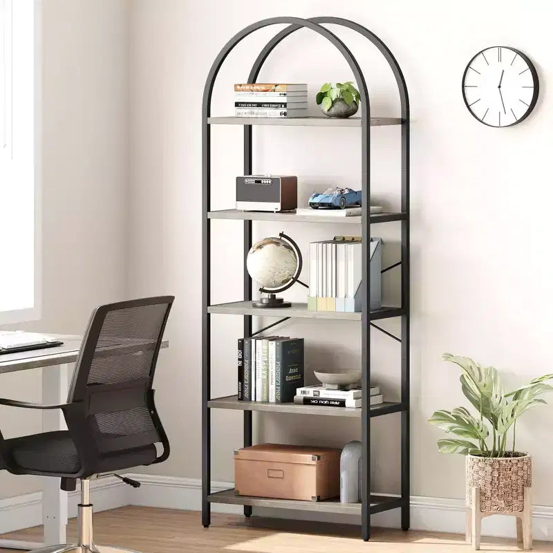 Étagère à 5 niveaux - Bibliothèque à cadre métallique arqué, étagère haute pour chambre, salon et bureau à domicile