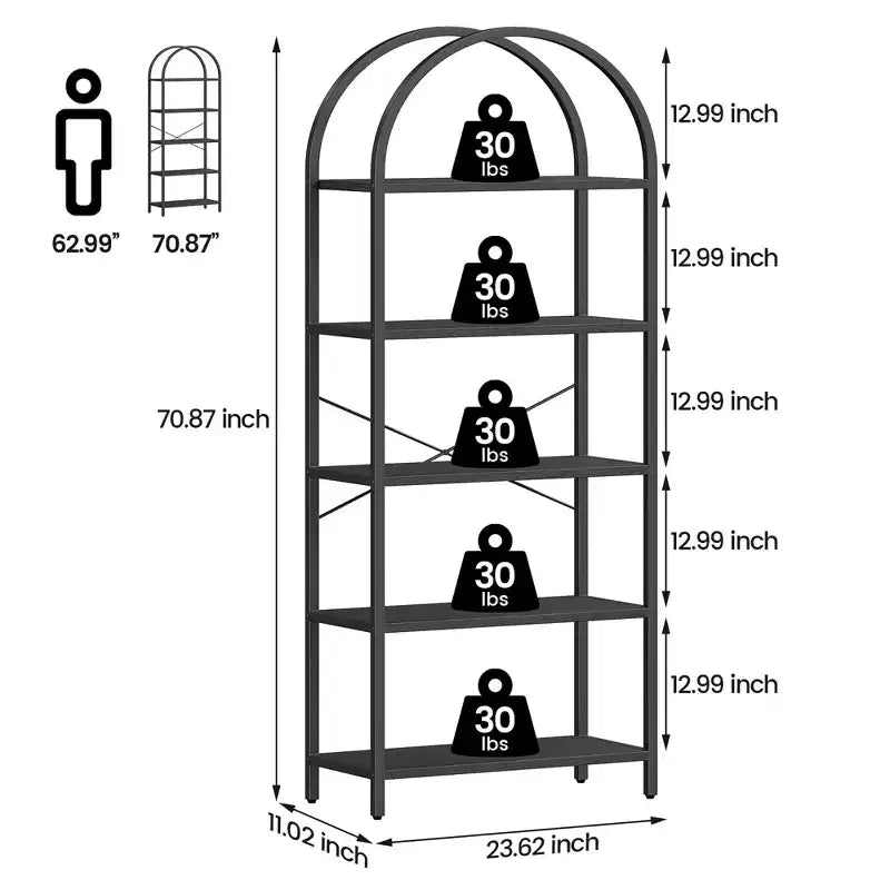 Étagère à 5 niveaux - Bibliothèque à cadre métallique arqué, étagère haute pour chambre, salon et bureau à domicile