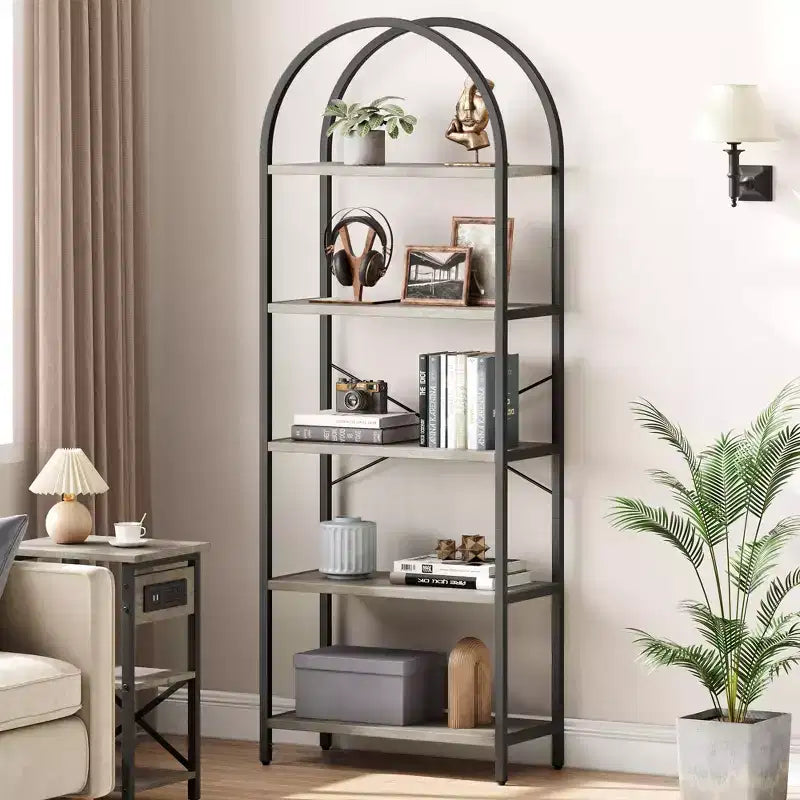 Étagère à 5 niveaux - Bibliothèque à cadre métallique arqué, étagère haute pour chambre, salon et bureau à domicile