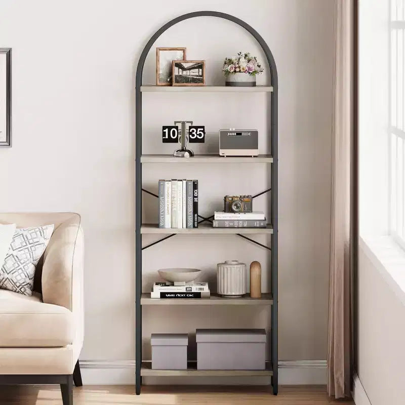 Étagère à 5 niveaux - Bibliothèque à cadre métallique arqué, étagère haute pour chambre, salon et bureau à domicile