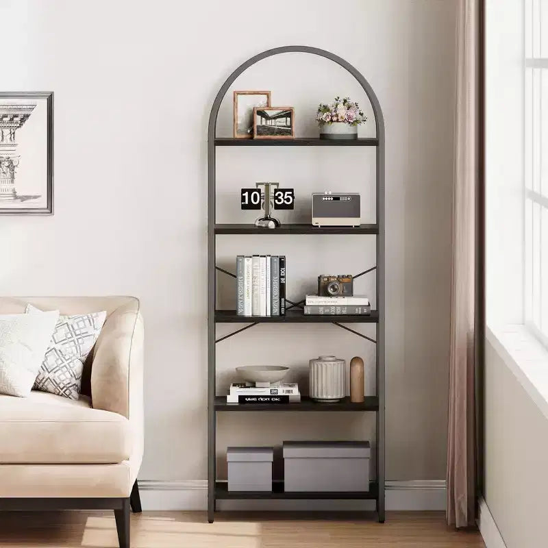Étagère à 5 niveaux - Bibliothèque à cadre métallique arqué, étagère haute pour chambre, salon et bureau à domicile