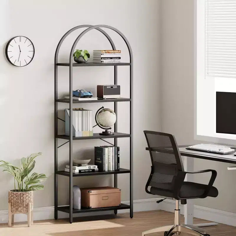 Étagère à 5 niveaux - Bibliothèque à cadre métallique arqué, étagère haute pour chambre, salon et bureau à domicile
