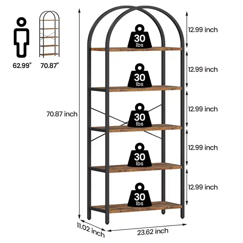 Étagère à 5 niveaux - Bibliothèque à cadre métallique arqué, étagère haute pour chambre, salon et bureau à domicile