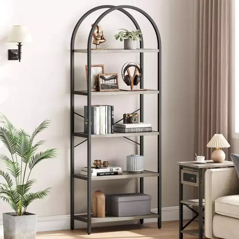 Étagère à 5 niveaux - Bibliothèque à cadre métallique arqué, étagère haute pour chambre, salon et bureau à domicile