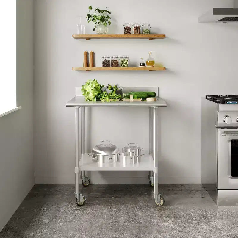 Table de préparation et de travail 30 x 36 avec étagère supérieure en acier inoxydable, dosseret 4", étagère inférieure réglable en acier galvanisé, 4 roulettes