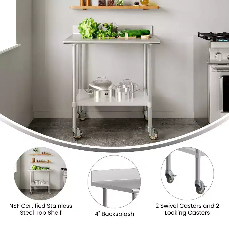 Table de préparation et de travail 30 x 36 avec étagère supérieure en acier inoxydable, dosseret 4", étagère inférieure réglable en acier galvanisé, 4 roulettes