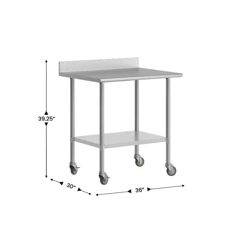 Table de préparation et de travail 30 x 36 avec étagère supérieure en acier inoxydable, dosseret 4", étagère inférieure réglable en acier galvanisé, 4 roulettes
