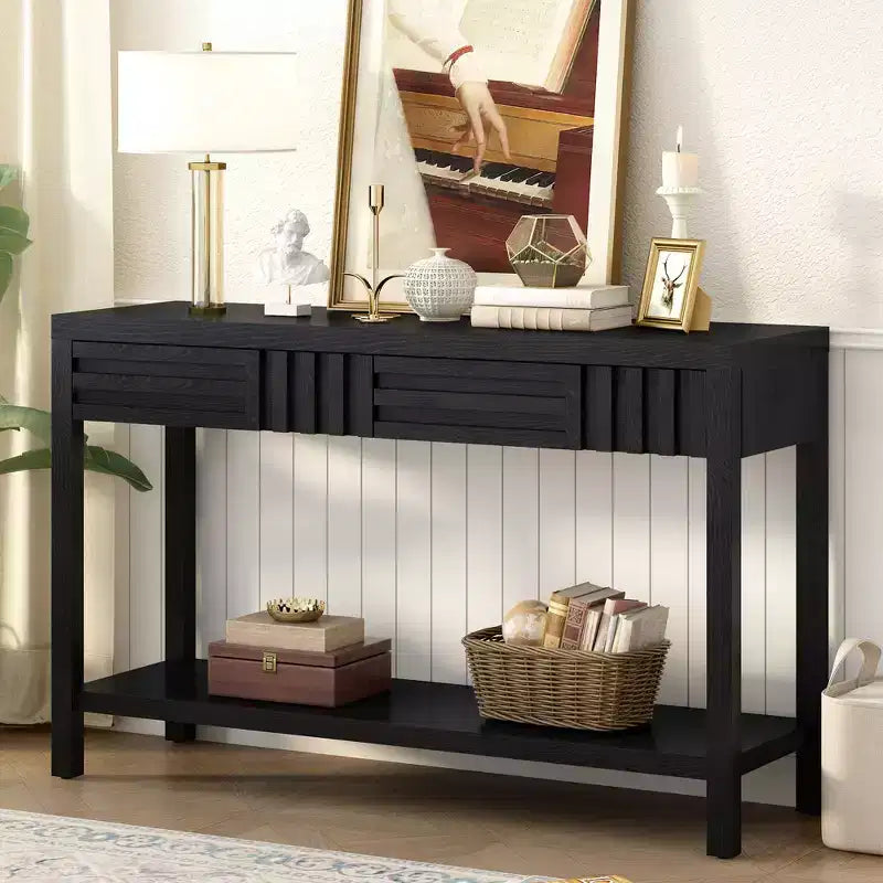 Console moderne en placage de frêne avec 2 tiroirs, table d'entrée rustique à rayures, table de canapé étroite