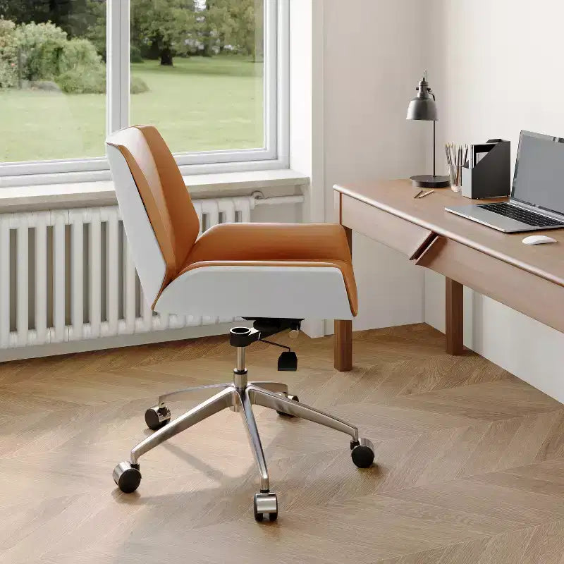 Chaise de bureau pivotante Mid-Century Modern avec dossier en bois courbé noyer et siège en similicuir, hauteur réglable et piètement roulant