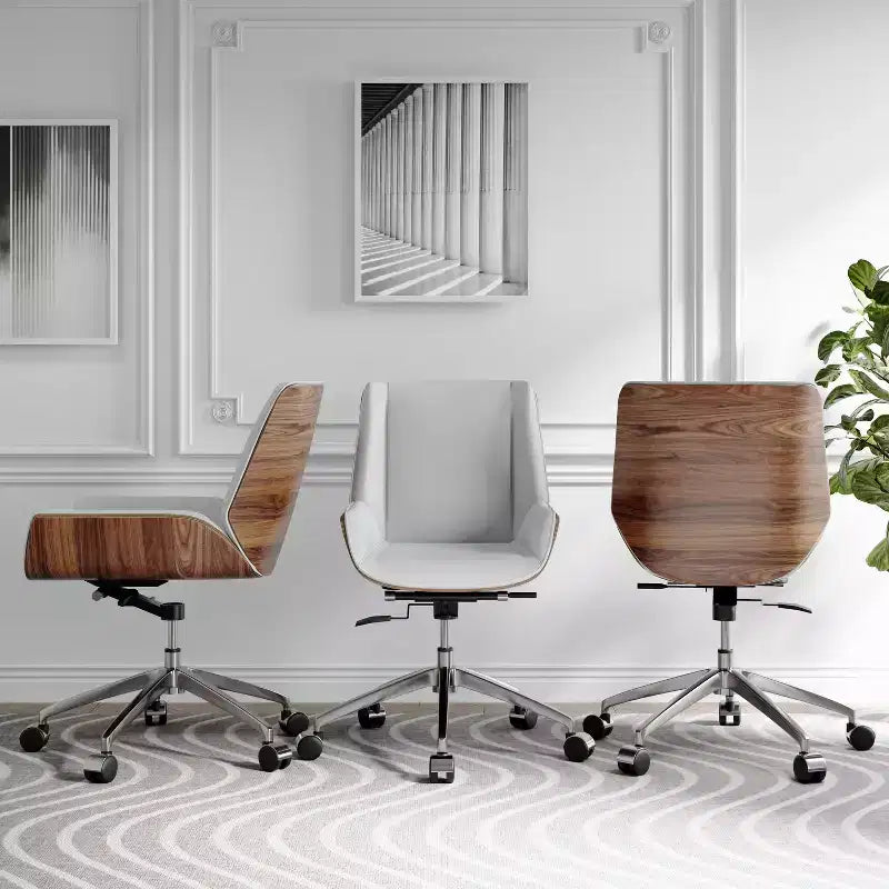 Chaise de bureau pivotante Mid-Century Modern avec dossier en bois courbé noyer et siège en similicuir, hauteur réglable et piètement roulant