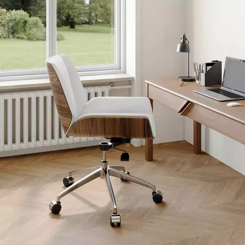 Chaise de bureau pivotante Mid-Century Modern avec dossier en bois courbé noyer et siège en similicuir, hauteur réglable et piètement roulant