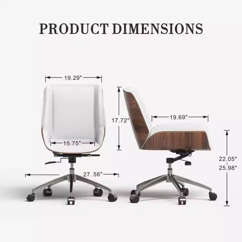 Chaise de bureau pivotante Mid-Century Modern avec dossier en bois courbé noyer et siège en similicuir, hauteur réglable et piètement roulant