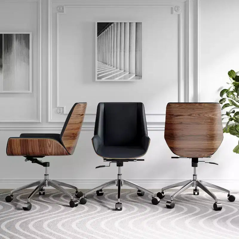 Chaise de bureau pivotante Mid-Century Modern avec dossier en bois courbé noyer et siège en similicuir, hauteur réglable et piètement roulant