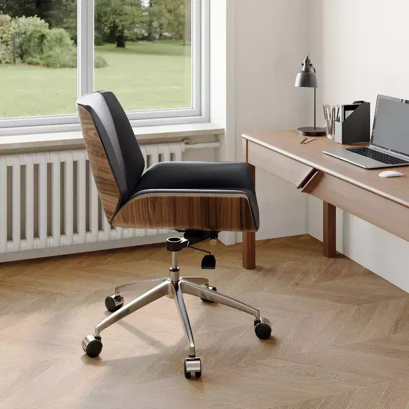 Chaise de bureau pivotante Mid-Century Modern avec dossier en bois courbé noyer et siège en similicuir, hauteur réglable et piètement roulant