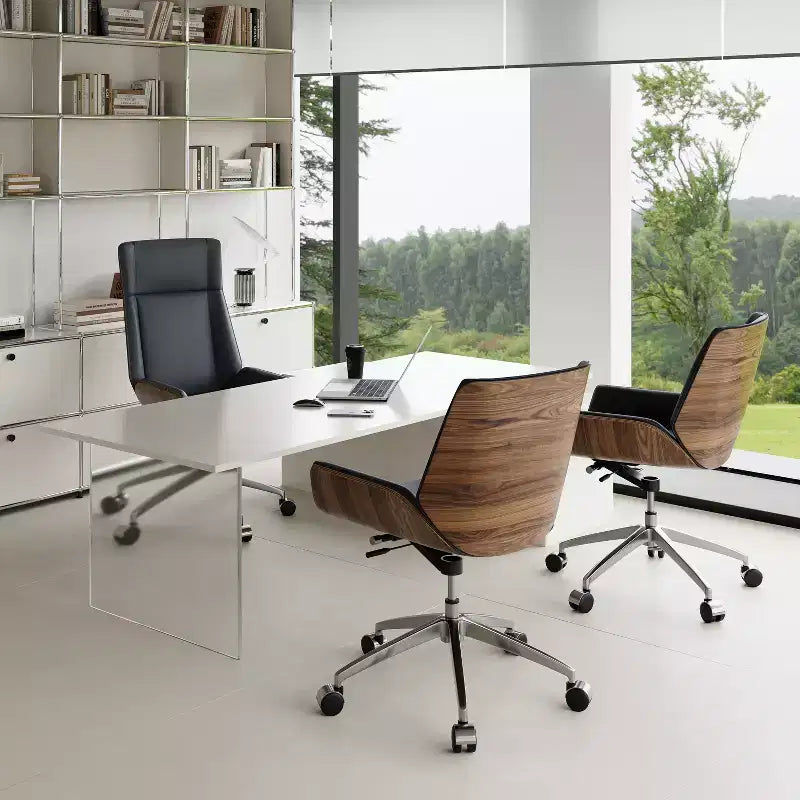 Chaise de bureau pivotante Mid-Century Modern avec dossier en bois courbé noyer et siège en similicuir, hauteur réglable et piètement roulant