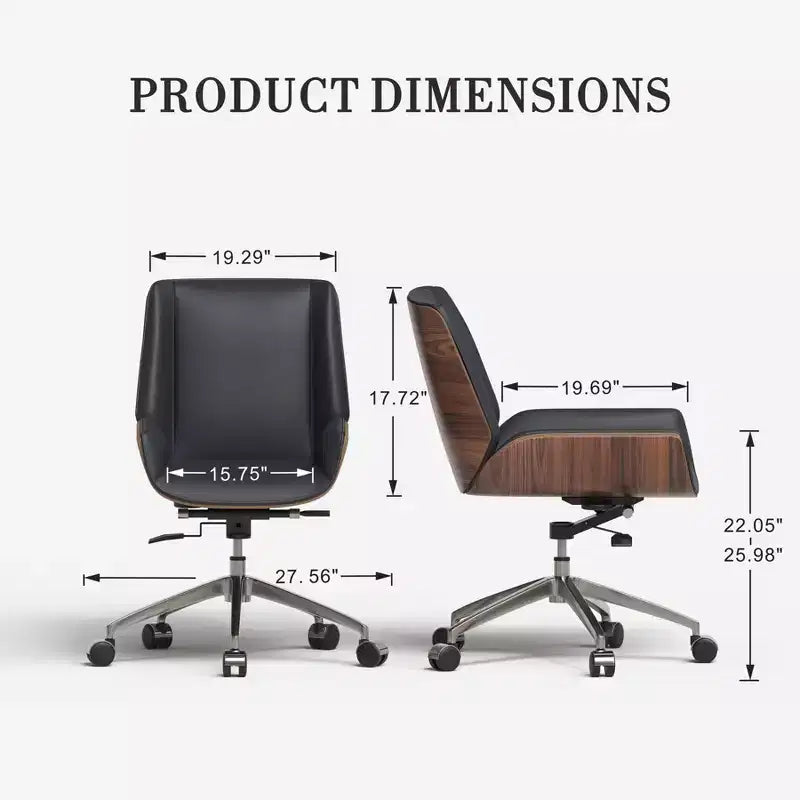 Chaise de bureau pivotante Mid-Century Modern avec dossier en bois courbé noyer et siège en similicuir, hauteur réglable et piètement roulant