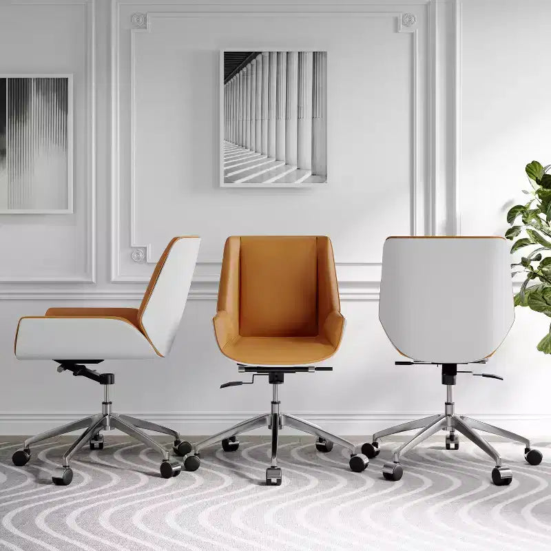 Chaise de bureau pivotante Mid-Century Modern avec dossier en bois courbé noyer et siège en similicuir, hauteur réglable et piètement roulant