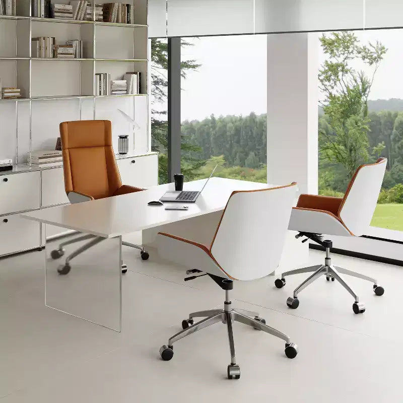 Chaise de bureau pivotante Mid-Century Modern avec dossier en bois courbé noyer et siège en similicuir, hauteur réglable et piètement roulant