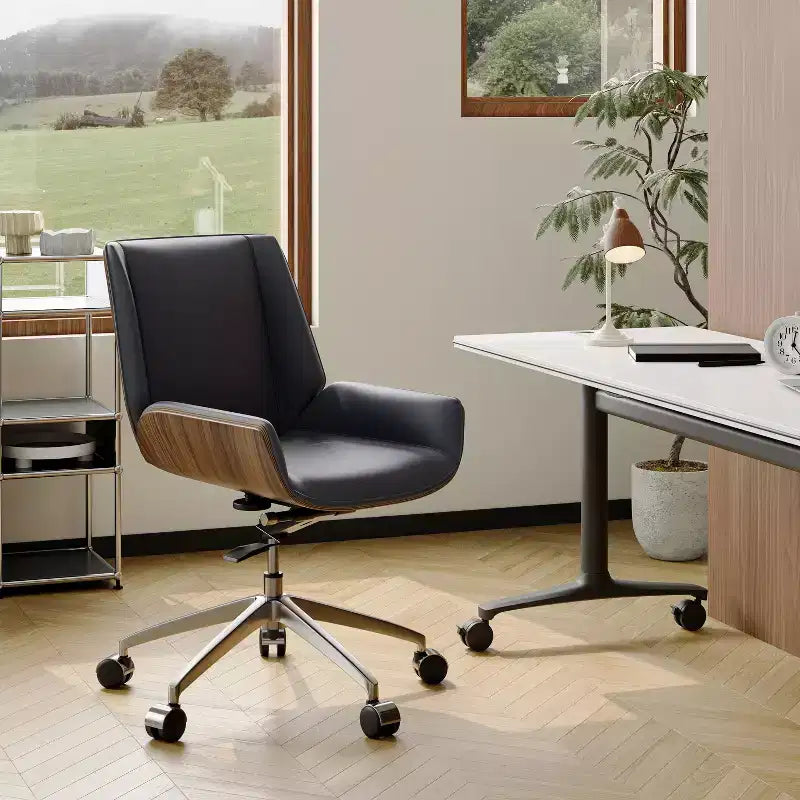 Tree City- Mid-Century Modern Swivel Office Chair with Walnut Bent Wood Back and Faux Leather Seat  Adjustable Height & Rolling Base