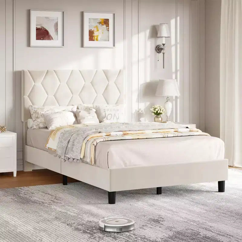 Garvee Upholstered Bed, Heavy-Duty Platform w/Wood Slats, No Box Spring/Noise-Free/Easy Assembly