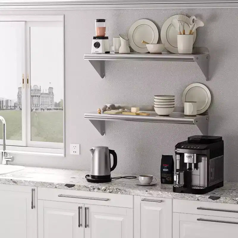 Étagère murale en acier inoxydable, étagère flottante en métal avec plaque arrière réglable et supports pour cuisine, garage et usages divers