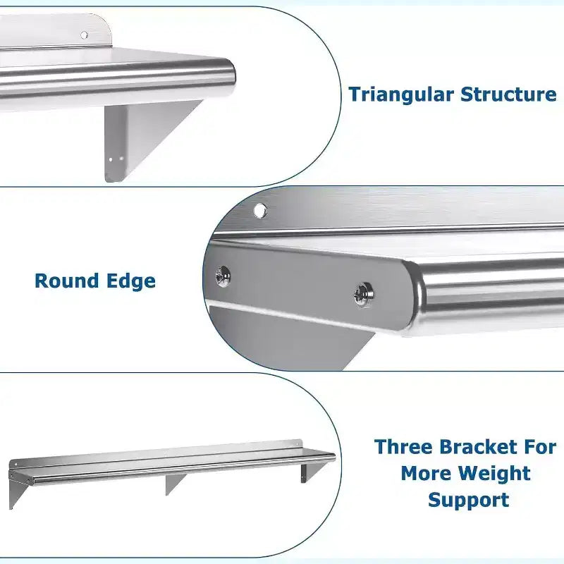 Étagère murale en acier inoxydable, étagère flottante en métal avec plaque arrière réglable et supports pour cuisine, garage et usages divers