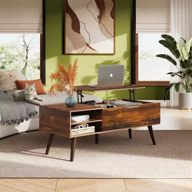 Table basse relevable avec étagère de rangement réglable et compartiment caché, table à manger relevable pour salon, chêne rustique
