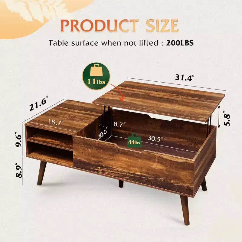 Table basse relevable avec étagère de rangement réglable et compartiment caché, table à manger relevable pour salon, chêne rustique