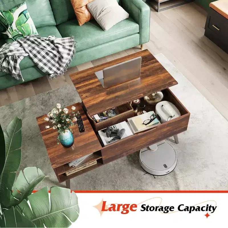 Table basse relevable avec étagère de rangement réglable et compartiment caché, table à manger relevable pour salon, chêne rustique