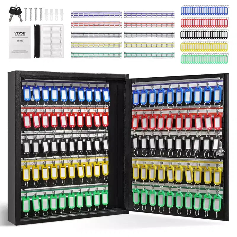 VEVOR 100-Key Cabinet,Key Lock Box with Adjustable Racks, Security Key Storage Box Steel,Key Organizer with 100 Colorful Key Tags and 2 Record Cards