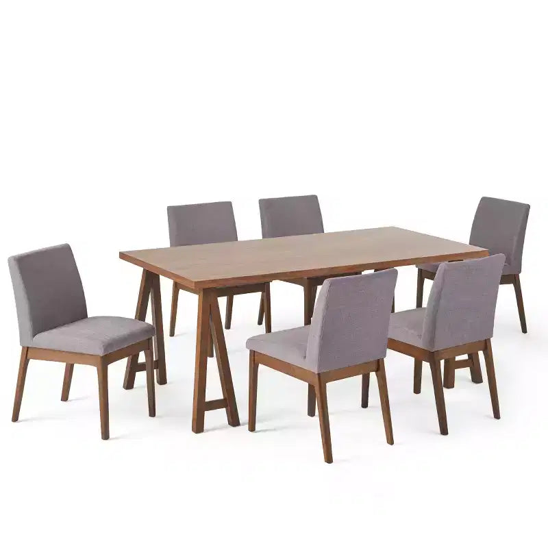 Ensemble de salle à manger 7 pièces en bois et tissu, style Mid-Century Modern