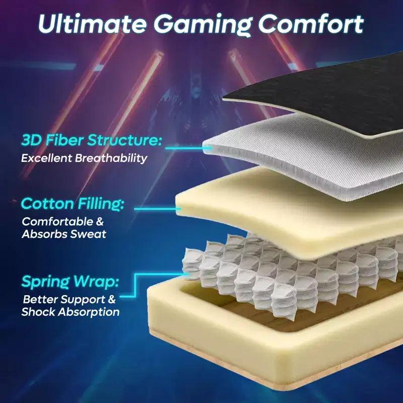 Chaise de jeu en tissu respirant avec éclairage LED RVB et accoudoirs réglables