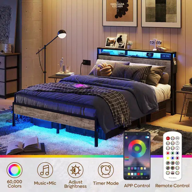 Cadre de lit double avec LED, plateforme de lit avec tête de lit de rangement et station de recharge