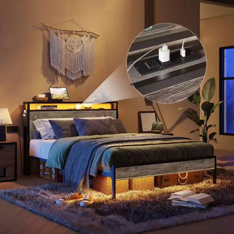 Cadre de lit double avec LED, plateforme de lit avec tête de lit de rangement et station de recharge