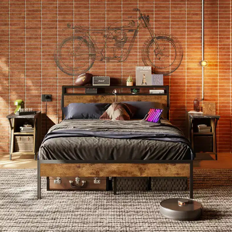 Cadre de lit double avec LED, plateforme de lit avec tête de lit de rangement et station de recharge