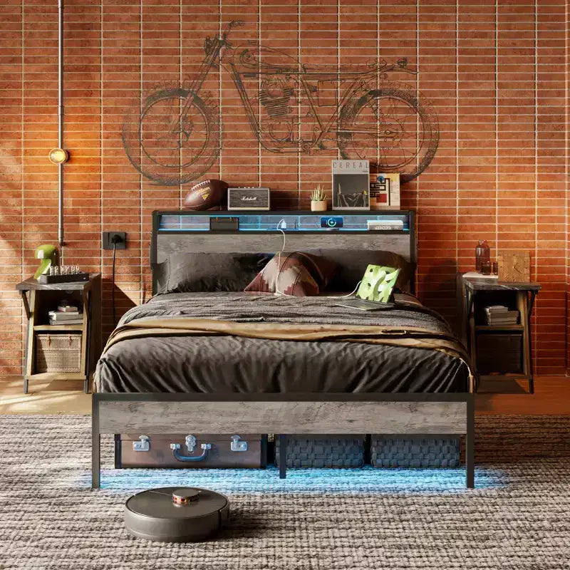 Cadre de lit double avec LED, plateforme de lit avec tête de lit de rangement et station de recharge