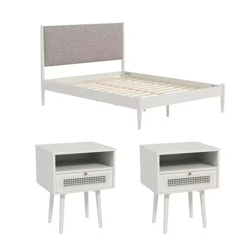Ensemble de chambre 3 pièces, lit plateforme avec deux tables de chevet, blanc crème, Queen