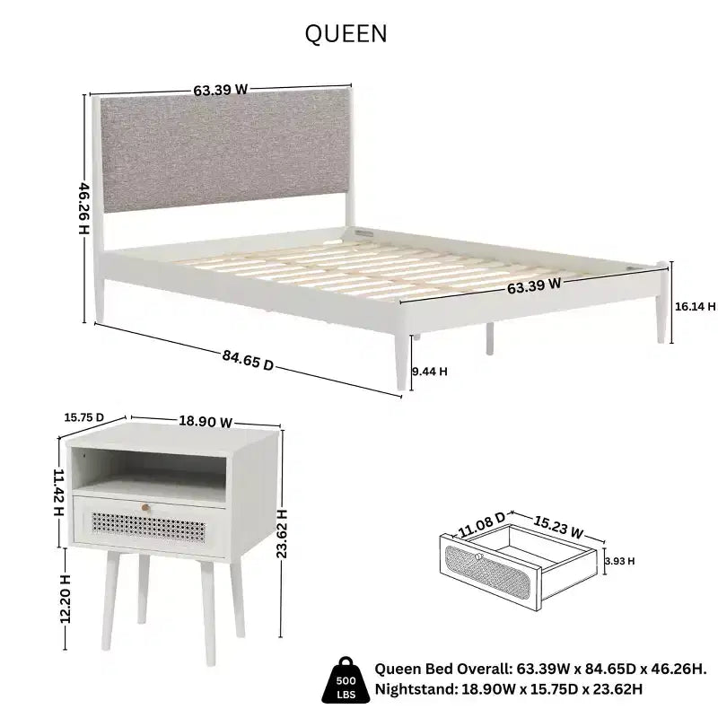 Ensemble de chambre 3 pièces, lit plateforme avec deux tables de chevet, blanc crème, Queen